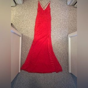 NWT Red Lace Criss-Cross Spaghetti Strap Maxi Dress with Slit